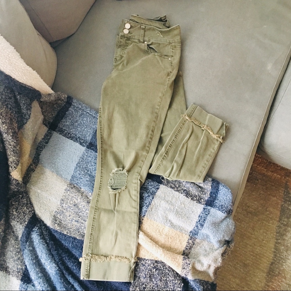 Army green cropped jeans